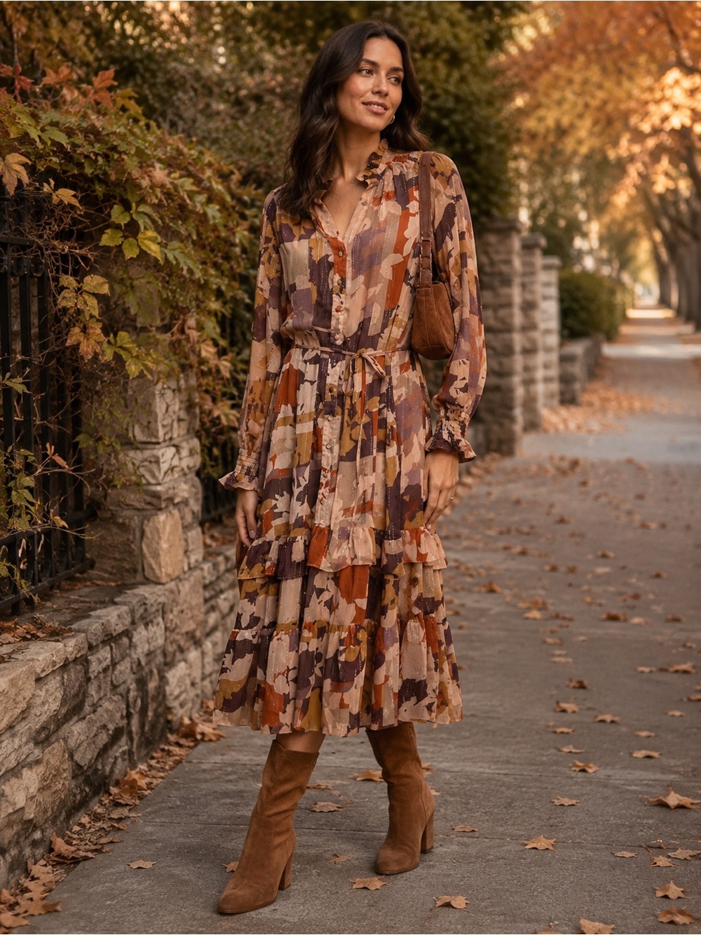 Avara Lydia Autumn Patchwork Tiered Midi Dress in Browns Fall Tones Size XL